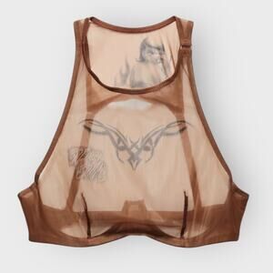 Savage X Fenty Tattooed Tricot High Neck Bra 32C Brown Lace Detail Sexy Lingerie